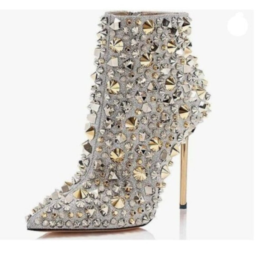 FSJ Silver Rivets High Heel Ankle Boots Rivets Closed Pointed Toe Stilettos Shoe